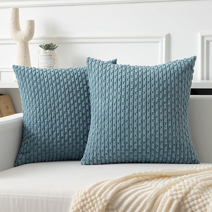 Kevin Textile Throw Pillow Covers Soft Corduroy Decorative Set of 2 Boho Striped Pillow Covers Pillowcases Farmhouse Home Decor for Couch Bed Sofa Living Room 26x26 Inch Blue Grey