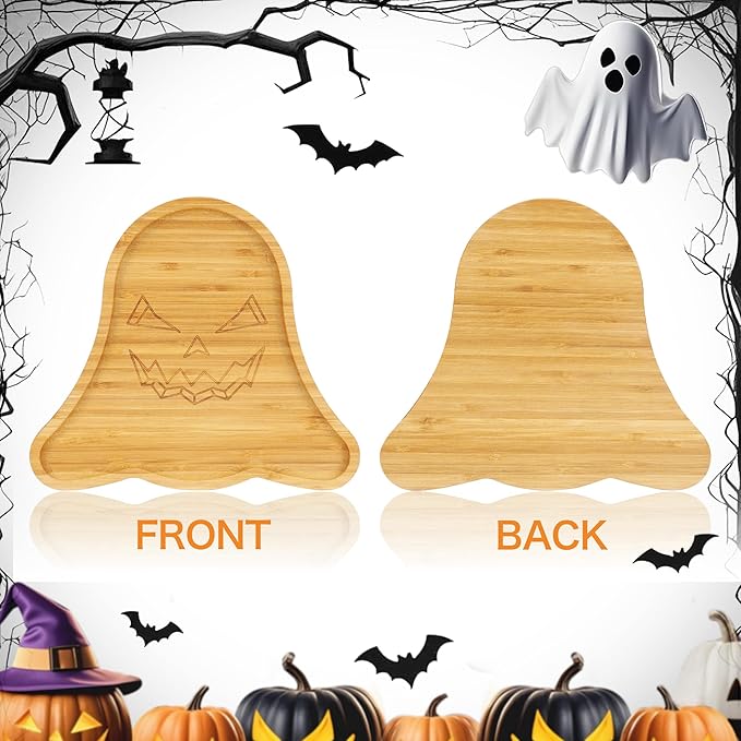 WILLKOMMEN Halloween Serving Tray, Ghost Shaped Charcuterie Board, Bamboo Serving Platter 10" x 9" for Party Child Spooky Cheese Appetizer Board Serving Plate Dishes for Snacks, Candy, Cookies