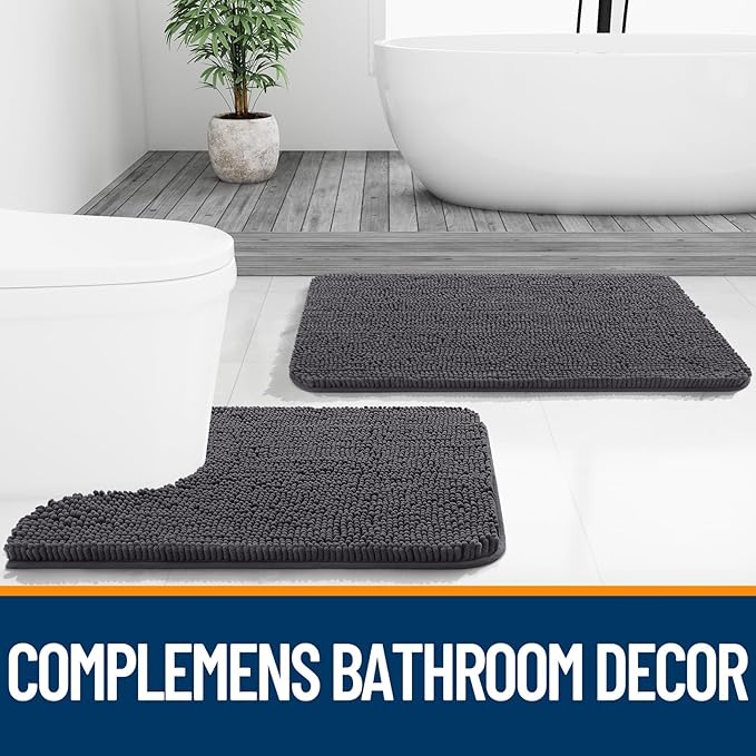 OLANLY Bathroom Rugs 34x21, Extra Soft Absorbent Chenille Bath Rugs, Rubber Backing Quick Dry, Machine Washable Bath Mats for Bathroom Floor, Tub and Shower, Home Decor Accessories, Dark Grey