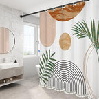 Boho Mid Century Leaf Shower Curtain Set,Arch Sun Design,Minimalistic Leaves Pattern,Waterproof and Luxurious Fabric-12 Hooks(White-72" x 72")