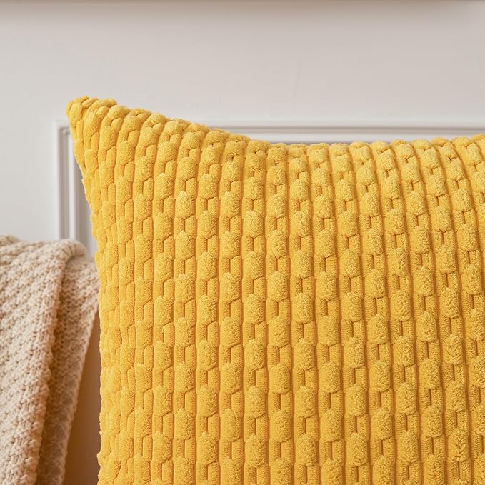 Kevin Textile Decorative Pillow Covers Soft Striped Velvet Throw Pillow Covers Set of 2 Cushion Cover for Chair 18 x 18 Inch Yellow