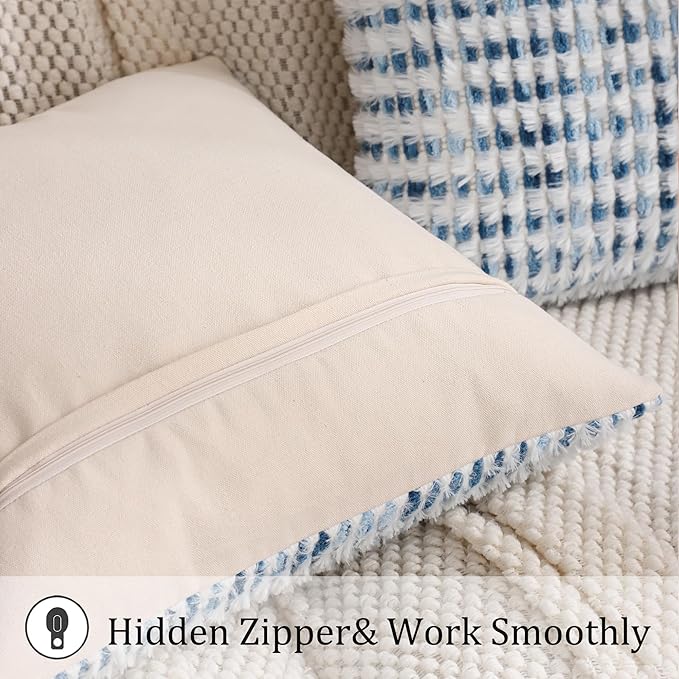 LUOYEHK Boho Throw Pillow Covers 18x18 Inch Set of 2 Chenille Tufted Pillowcase Farmhouse Neutral Cushion Covers for Couch Sofa Bed Living Room, Blue White