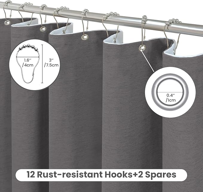 Inhousolu Boho Farmhouse Shower Curtain with Fabric Liner Set, Faux Linen Textured, 14 Metal Hooks Luxury Weighted Hem, Washable Wrinkle Free Bath Curtain for Hotel Bathroom 72"W x 84"L Graphite Grey