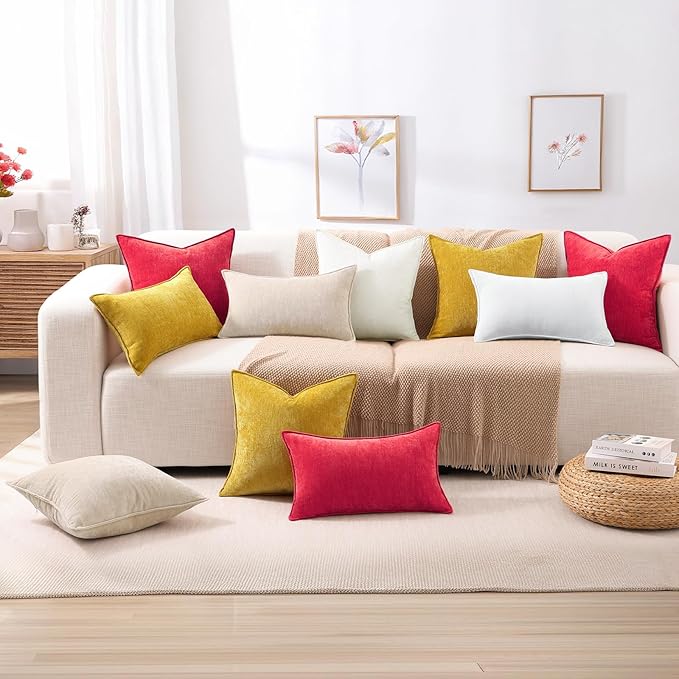 decorUhome Christmas Couch Throw Pillow Covers 12x20 Set of 2, Decorative Soft Euro Neutral Chenille Lumbar Pillow Covers with Elegant Design for Sofa Bed Living Room Home Decor, Red