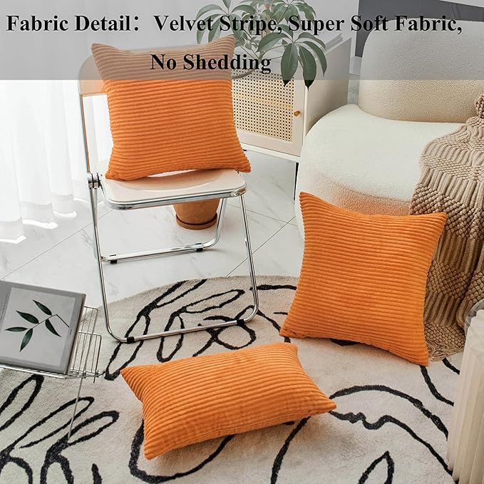 Home Brilliant Burnt Orange Pillow Covers 18x18 Striped Corduroy Throw Pillow Cover Set of 2 Decorative Couch Fall Rust Pillow Covers for Halloween Thanksgiving, 18 x 18 inch, Orange