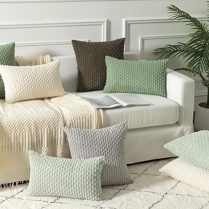 Kevin Textile 2 Packs Decorative Throw Pillow Covers 16x16 Inch for Living Room Couch Bed Sofa Spring Soft Striped Corduroy Square Cushion Case 40x40 cm Farmhouse Boho Home Decor Sage Green