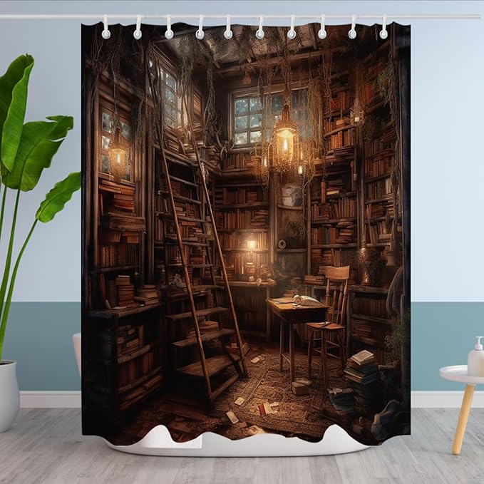 Vintage Medieval Library Shower Curtain Antique Room for Study Theme Bathroom Bathtubs Fabric Shower Curtain Set with 12 Hooks 60x72 inches Polyester Machine Washable, Yellow and Black