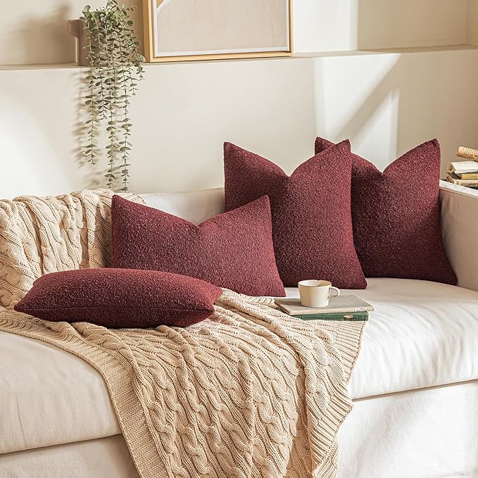 MIULEE 18x18 Inch Christmas Decorative Pillow Covers for Couch Bed Set of 2 Textured Boucle Neutral Winter Throw Pillows Burgundy Accent Solid Cushion Pillowcases Sofa Livingroom Home Decor