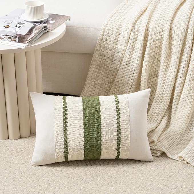Fancy Homi Set of 2 Boho Moss Green Lumbar Decorative Throw Pillow Cover 12x20 Inch for Couch Bed Sofa Chair, Modern Organic Farmhouse Home Decor, Soft Cotton Cute Accent Rectangle Cushion Case