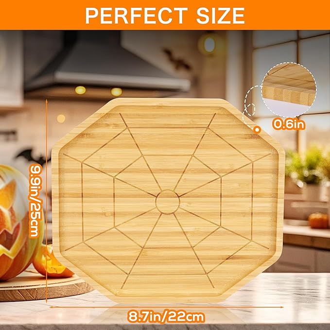 WILLKOMMEN Halloween Charcuterie Board, Spider Web Shaped Serving Tray, Bamboo Serving Platter 10" x 9" for Party Child Spooky Cheese Plate Appetizer Board for Snacks, Candy, Cookies