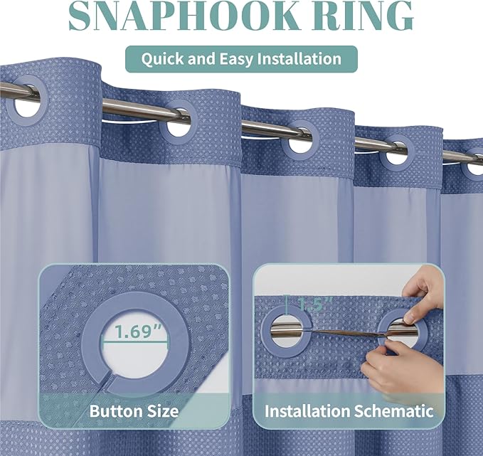 MoonLightBlue Long No Hook Waffle Weave Shower Curtain with snap-in Liner Replacement, 230GSM Waterproof Fabric Hotel Shower Curtain Set for Bathroom, Through Mesh Top Window,71Wx80H