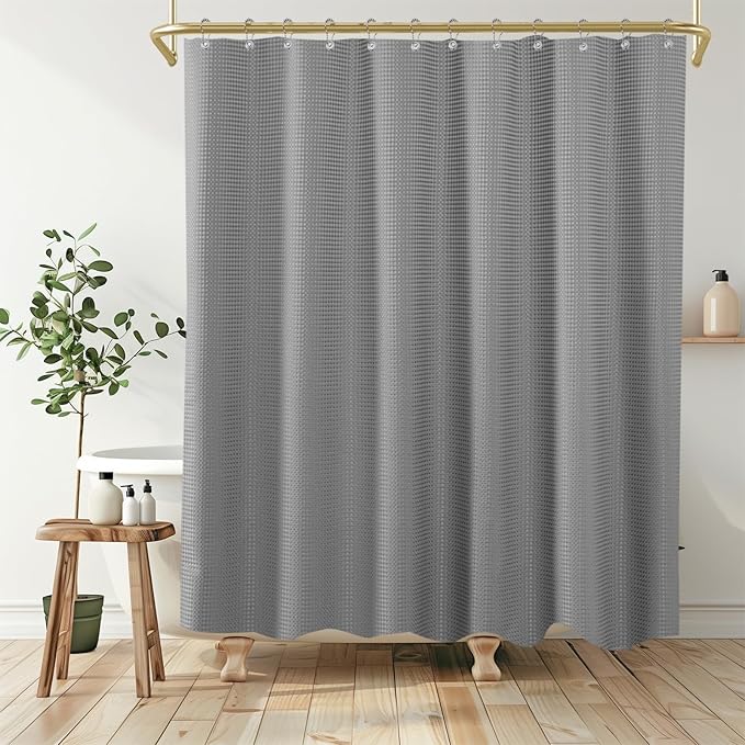Boho Shower Curtain Set, Waterproof Fabric Shower Curtains, Luxury Hotel Style, Waffle Texture, Heavy Duty, Extra Long Bath Curtain, No Hook, Bathroom Decor, 72x84 Inch, Grey