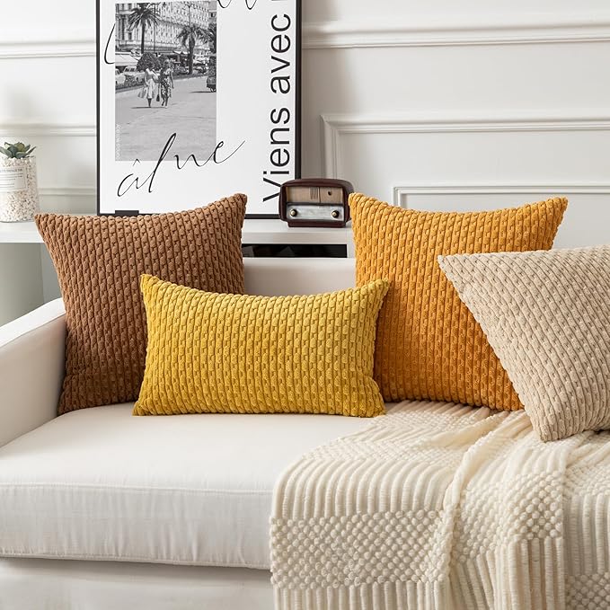Kevin Textile Throw Pillow Covers Soft Corduroy Decorative Set of 2 Boho Striped Pillow Covers Pillowcases Farmhouse Home Decor for Couch Bed Sofa Living Room 22x22 Inch Golden Yellow