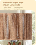 EDISHINE 17.5" Rattan Table Lamp, Wood Bedside Lamp with Handmade Paper Rope Woven Lampshade, Nightstand Lamp for Living Room, Bedroom, E26 Base, ON-Off Switch