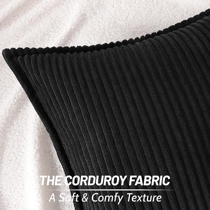 Mecatny Corduroy Throw Pillow Covers 24x24 Set of 2, Neutral Decorative Soft Boho Couch Pillow Covers with Broadside for Sofa Living Room, Black