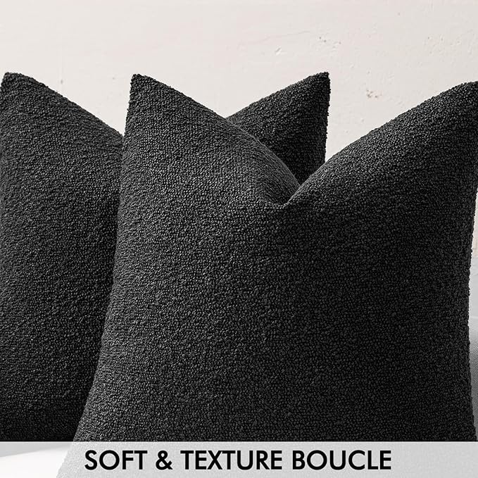 MIULEE 24x24 Decorative Euro Sham Throw Pillows for Bed Set of 2 Textured Boucle Neutral Winter Throw Pillow Covers Halloween Black Accent Solid Couch Pillowcases Sofa Livingroom Home Decor