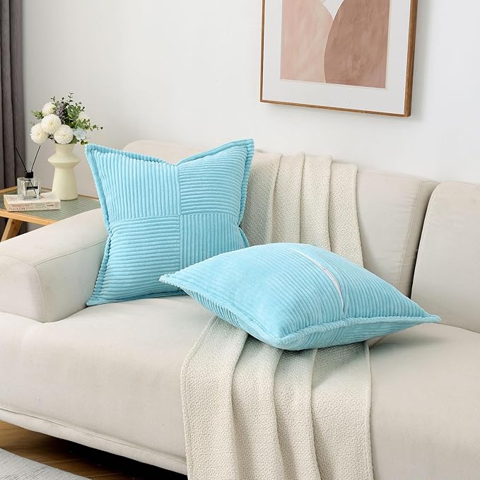 HAUSSY Light Blue Decorative Throw Pillow Covers 24x24 Inch Set of 2,Soft Solid Corduroy Striped Cushion Case,Square Euro Pillow Shams,Winter Home Decorations for Couch,Bed
