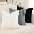 decorUhome Faux Fur Christmas Throw Pillow Covers 16x16 Set of 2, Decorative Soft Plush Striped Neutral Couch Euro Pillow Covers with Velvet Back for Sofa, Bed, Living Room Home Decor, White