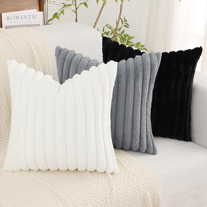 decorUhome Faux Fur Throw Pillow Covers 24x24 Set of 2, Decorative Soft Plush Striped Neutral Couch Euro Pillow Covers with Velvet Back for Sofa, Bed, Living Room Home Decor, Black