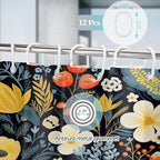 Aimego Black Floral Shower Curtain - Dark Beige Yellow Flowers Plants Boho Chic Colorful Botanical Leaves Fabric Cloth Bath Shower Curtain Set with 12 Hooks for Bathroom Decor Accessories, 72"x72"