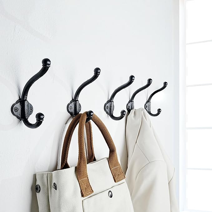 SKOLOO Heavy Duty Black Wall Hooks, Farmhouse Style Cast Iron Hooks, Pack of 5, Ideal for Backpack, Hat, Coat, and Towel Hooks - Perfect for Entryway, Mud Room, and Bathroom Storage