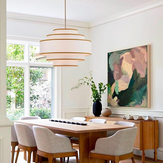 25.6" Gold Drum Chandelier with White Linen Lampshade 6-Light Modern Farmhouse Chandelier Light Fixture for Living Room, Dining Room, Kitchen Island, Entryway, Stairway