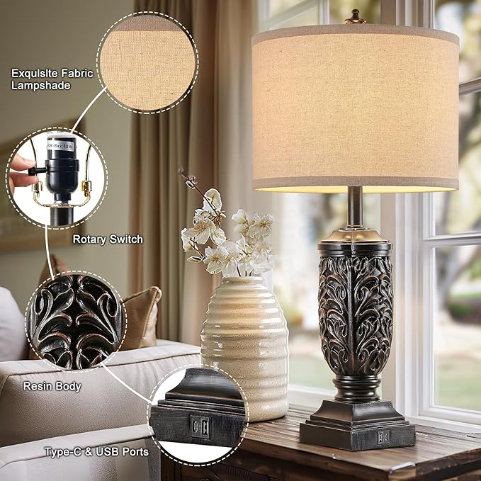 28.5” Vintage Farmhouse USB A+C Table Lamps Set of 2 for Living Room Bedroom Tall Rustic Bedside Nightstand Lamp Retro Traditional End Table Lamps for Entryway Home Office Decor Antique Black Accent