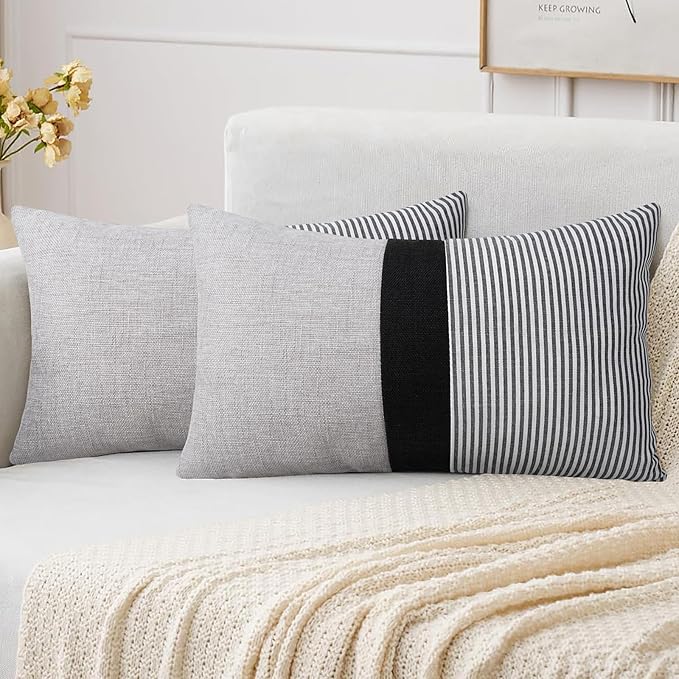 Adabana Stripe Pillow Covers 12x20 Set of 2 Square Patchwork Linen Decorative Lumbar Throw Pillow Covers Modern Farmhouse Decor Pollowcases for Couch Sofa Bedroom,Grey Stripe