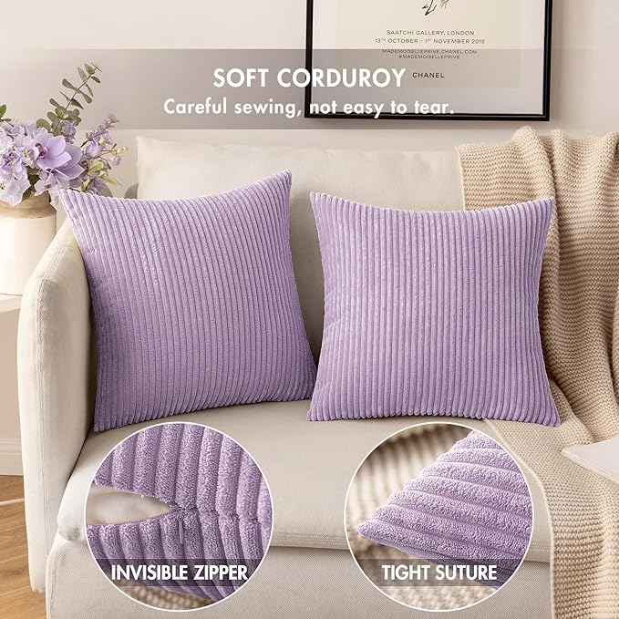 MIULEE Winter Pack of 2 Corduroy Pillow Covers Soft Soild Cushion Cases Decorative Square Throw Pillow Covers Lavender Pillowcases for Sofa Bedroom Car 18 x 18 Inch 45 x 45 Cm