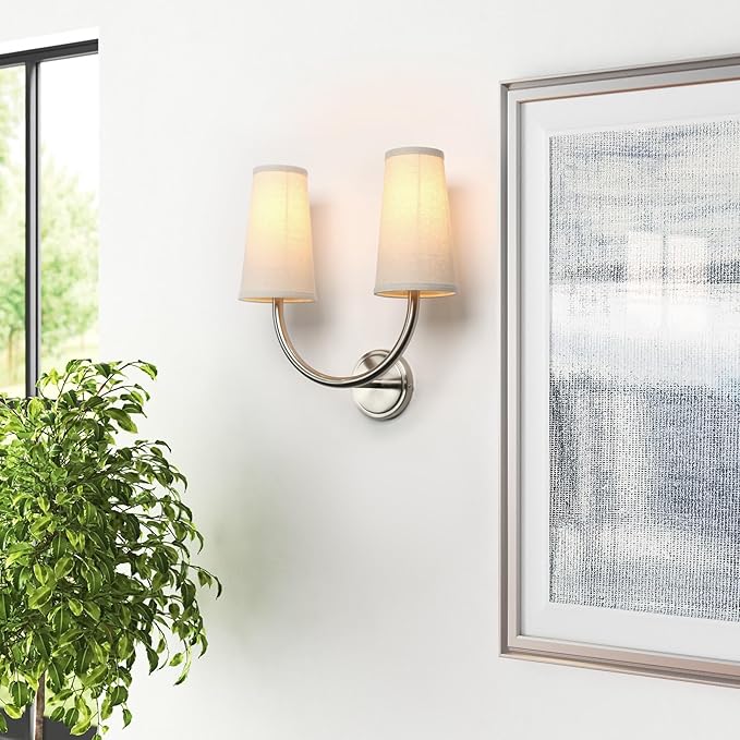 Yosoan Linen Wall Sconce Indoor Night Light Fixture, 2-Light Dual Vintage Industrial Hardwired Sconces Wall Lighting with Textile Fabric Shade Lamp for Bedroom Living Room Corridor Study(Brushed)