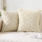 Pallene Beige Throw Pillow Covers 22x22 Set of 2, Soft Plush Faux Fur Decorative Couch Pillow Covers for Sofa Bed Living Room Pillow Cases with 3D Diamond Pattern