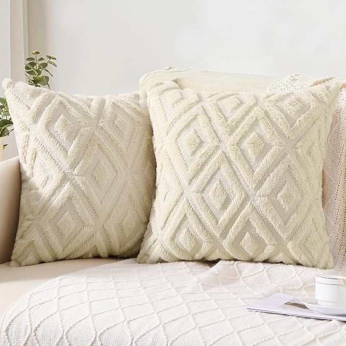 Pallene Beige Throw Pillow Covers 18x18 Set of 2, Soft Plush Faux Fur Decorative Couch Pillow Covers for Sofa Bed Living Room Pillow Cases with 3D Diamond Pattern