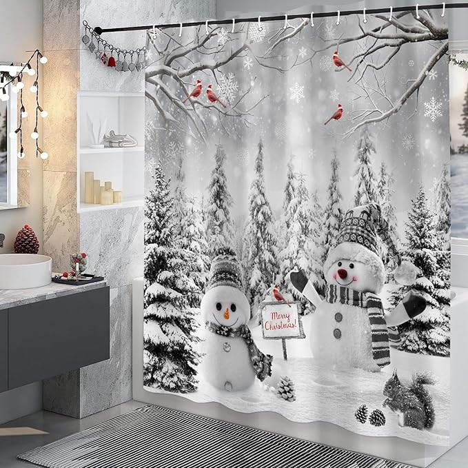 Winter Christmas Snowman Shower Curtain, Grey Winter Forest Cardinal Snowflake Holiday Farmhouse Xmas Shower Curtain Set for Bathroom Accessories Rustic Christmas Decorations with Hooks 72"X72"