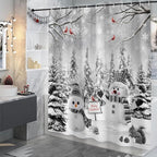 Winter Christmas Snowman Shower Curtain, Grey Winter Forest Cardinal Snowflake Holiday Farmhouse Xmas Shower Curtain Set for Bathroom Accessories Rustic Christmas Decorations with Hooks 72"X72"