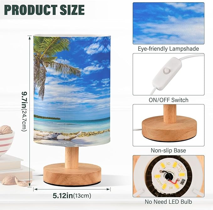Table Lamp Tropical Beach White Sand Coconut Palm Tree Clear Blue Sky Ocean Nightstand Lamp with Wood Base Fabric Lamp Shade Bedside Desk Lamp for Living Room Bedroom Kids Room Office