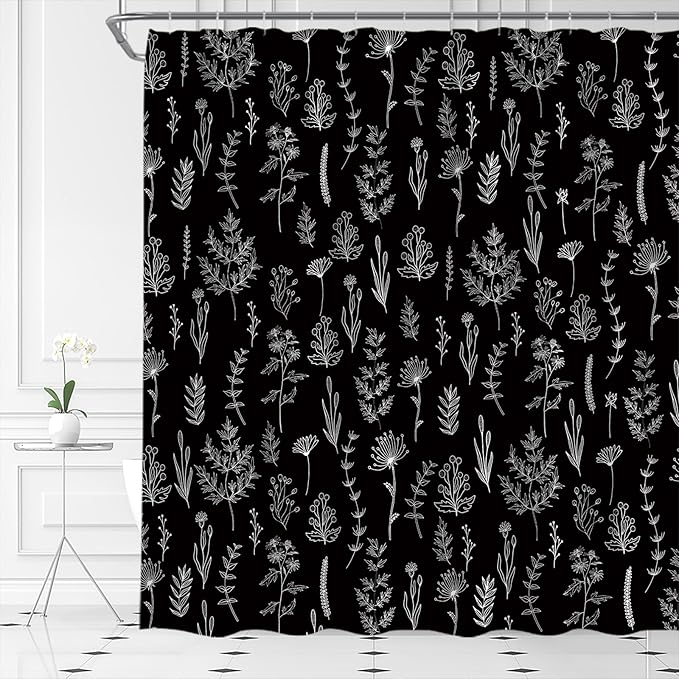 Black Floral Shower Curtain Black White Botanical Shower Curtain Boho Floral Farmhouse Cute Leaves Plant Retro Flowers Bathroom Curtain Set with Hooks(74.8" Wx70 H)