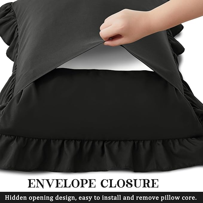KKJIAF Ruffle Pillow Cases Queen Size Set of 2, Ruffled Pillow Covers with Envelope Closure, Wrinkle Resistant Pillowcases 20" x 30", Ruffled Pillow Shams, Black