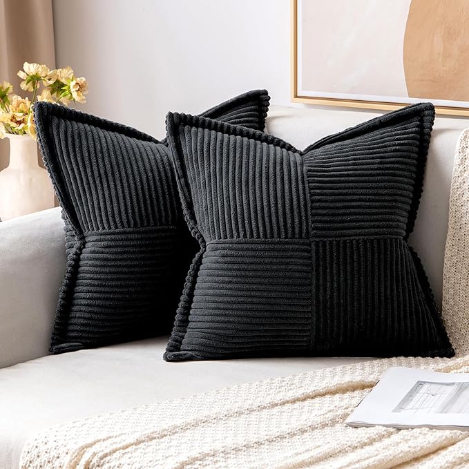 MIULEE Decorative Throw Pillow Covers for Couch Bed Livingroom 16x16 Inch Set of 2 Black Boho Accent Throw Pllows Broadside Striped Patchwork Soft Corduroy Pillowcases
