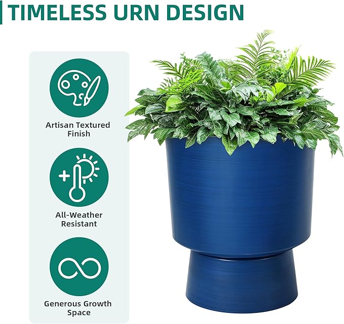 16.75" H Urn-Style Tall Planters, 2-Pack Modern Large Flower Pots for Outdoor Indoor, 2-in-1 Design Plant Containers for Garden Patio Yard Balcony Porch or Home Decor, Cobalt Blue, UV-Protect