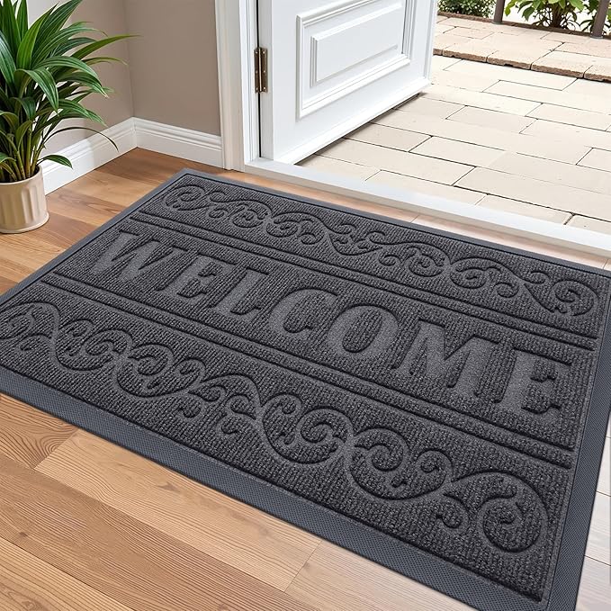 OLANLY Welcome Door Mat Indoor Outdoor Entrance, Heavy Duty Sturdy Front Door Mat, Waterproof All-Weather Doormat, Stain Resistant, Low Profile, Easy Clean Patio Entryway Mat, 36 x 24, Grey