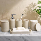 6-Piece Bathroom Accessories Set, Bathroom Accessory Set with Soap Dispenser, Toothbrush Holder Set, Vanity Tray, Tumbler & 2 Cotton Swab Jars, Modern Stylish Bathroom Organizer(Beige)