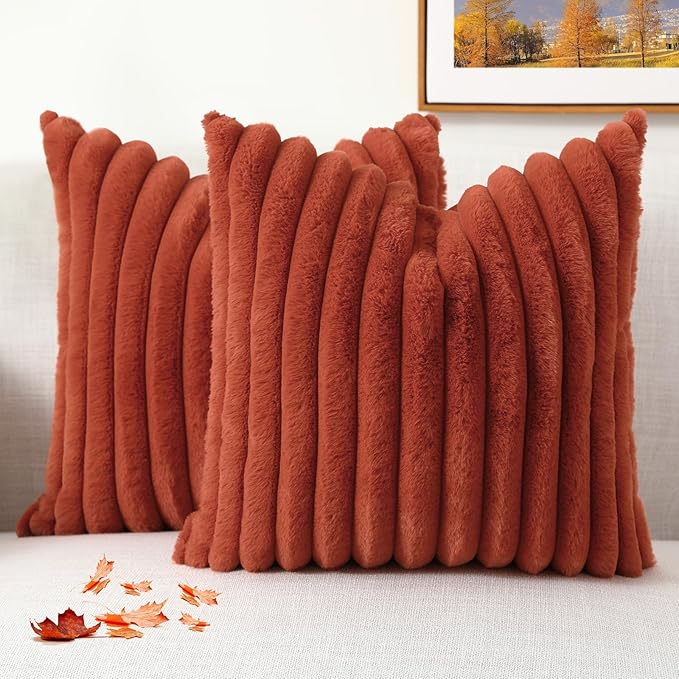 decorUhome Faux Fur Fall Throw Pillow Covers 16x16 Set of 2, Decorative Soft Plush Striped Neutral Couch Euro Pillow Covers with Velvet Back for Sofa, Bed, Living Room Home Decor, Rust