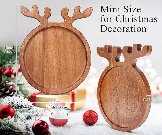 Small Acacia Wood Plates for Christmas Decorations Round Wooden Dessert Trays Cheese Charcuterie Board Mini Xmas Cookies Serving Platter Decorative Snack Appetizer Plates for Christmas Holiday Plate