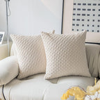 Kevin Textile Decorative Throw Pillow Cover Striped Corduroy Plush Texture Velvet Euro Cushion Cover for Bed 24 x 24 Inch (60cm) Set of 2 Cream