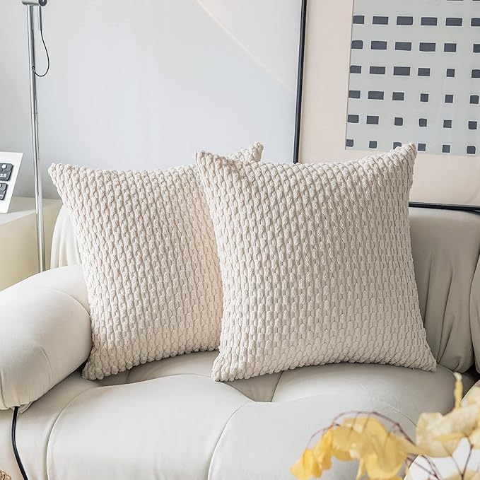 Kevin Textile Decorative Throw Pillow Cover Striped Corduroy Plush Texture Velvet Euro Cushion Cover for Bed 24 x 24 Inch (60cm) Set of 2 Cream