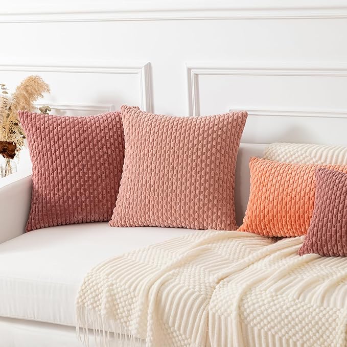 Kevin Textile Throw Pillow Covers Soft Corduroy Decorative Set of 2 Boho Striped Pillow Covers Pillowcases Farmhouse Home Decor for Couch Bed Sofa Living Room 26x26 Inch Blush Pink