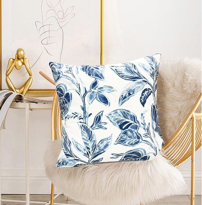 Decorative Throw Pillow Covers Set of 2 Blue Leaves Pillow Covers 20x20 inch Super Soft Short Plush Square Floral Throw Pillows,Farmhouse Outdoor Pillow Covers for Couch Bed Living Room