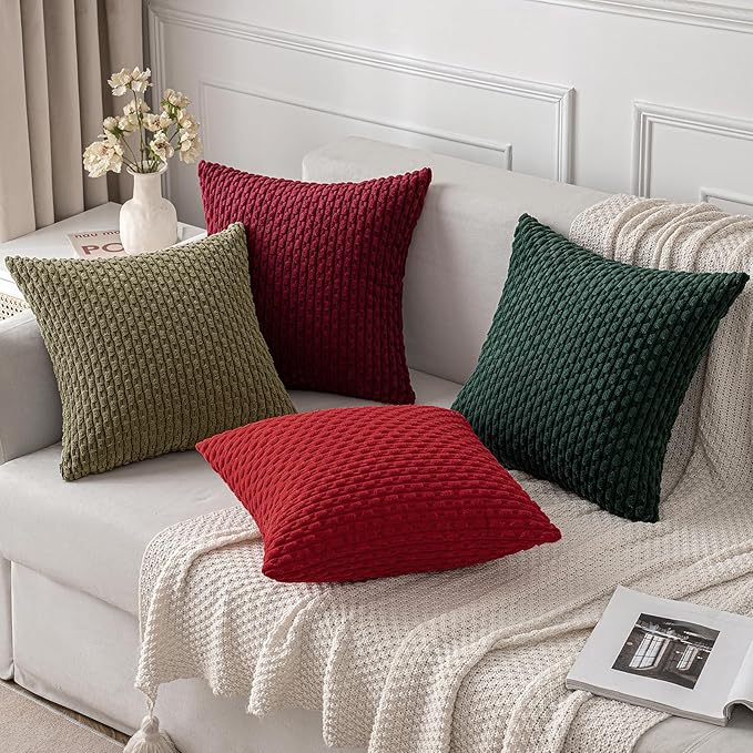 MIULEE Christmas Red Throw Pillow Covers Soft Corduroy Decorative Set of 2 Boho Striped Pillow Covers Pillowcases Farmhouse Home Decor for Couch Bed Sofa Living Room 16x16 Inch