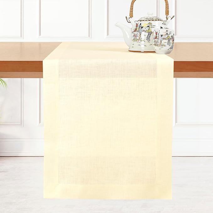 D'Moksha Homes Linen Vanilla Cream Table Runner 102 Inches Long - 100% Pure Linen Dining Table Runner 14 x 102 Inch for Fall, Autumn and Halloween - Machine Washable