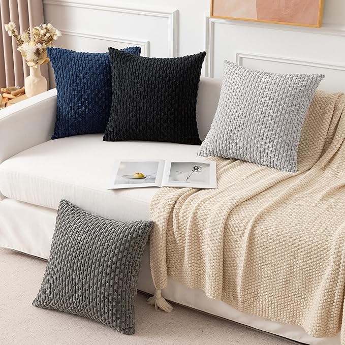 Kevin Textile Decorative Throw Pillow Covers Corduroy Square Cushion Cover with Stripes Cases for Bedroom Sofa Living Room Couch Set of 2 18x18 Inch Black